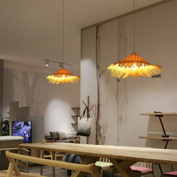Bamboe conische hoed hanglamp Chinese enkele ecru hanglamp voor theesalon