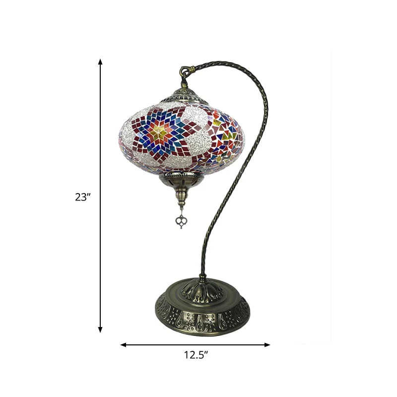 Decoratieve langwerpige nachtlamp met enkele kop, glas--lood tafellamp met gebogen arm geel/blauw/groen inclusief batterijen