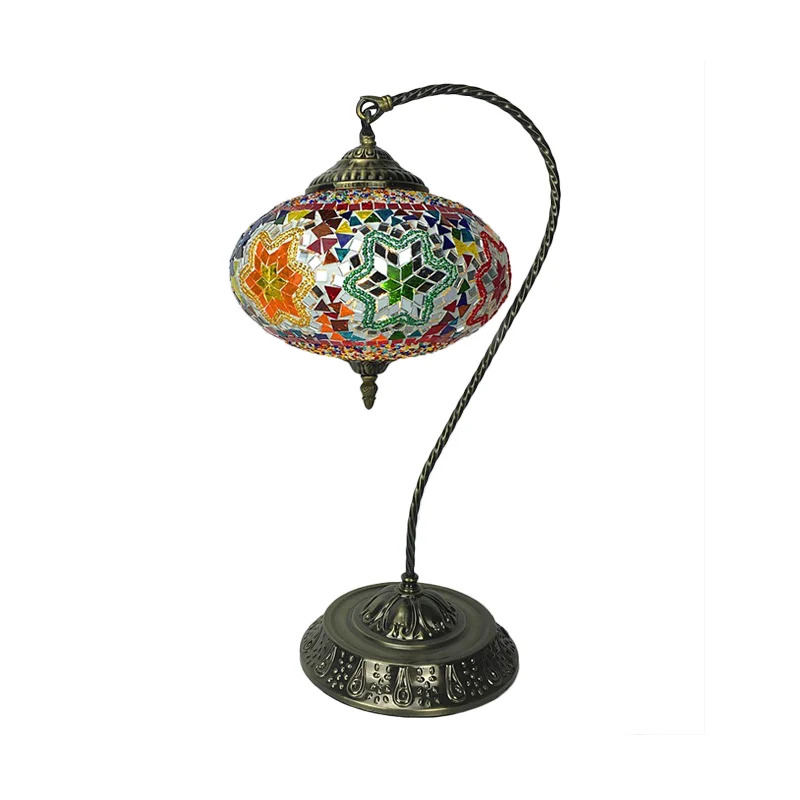 Decoratieve langwerpige nachtlamp met enkele kop, glas--lood tafellamp met gebogen arm geel/blauw/groen inclusief batterijen