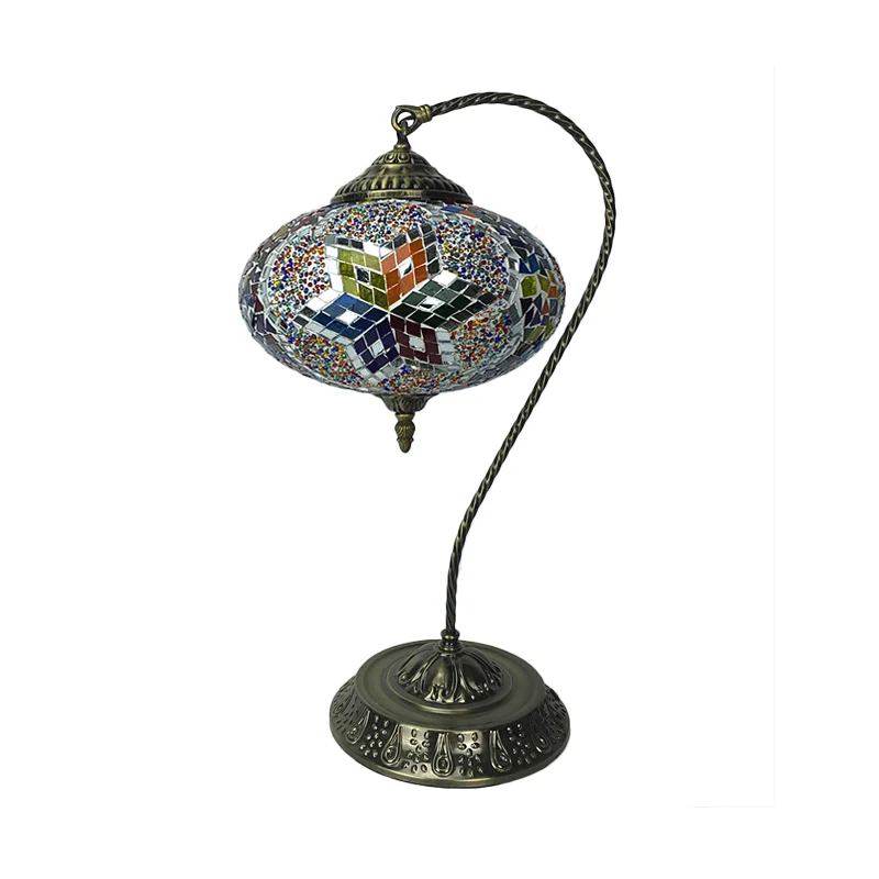 Decoratieve langwerpige nachtlamp met enkele kop, glas--lood tafellamp met gebogen arm geel/blauw/groen inclusief batterijen