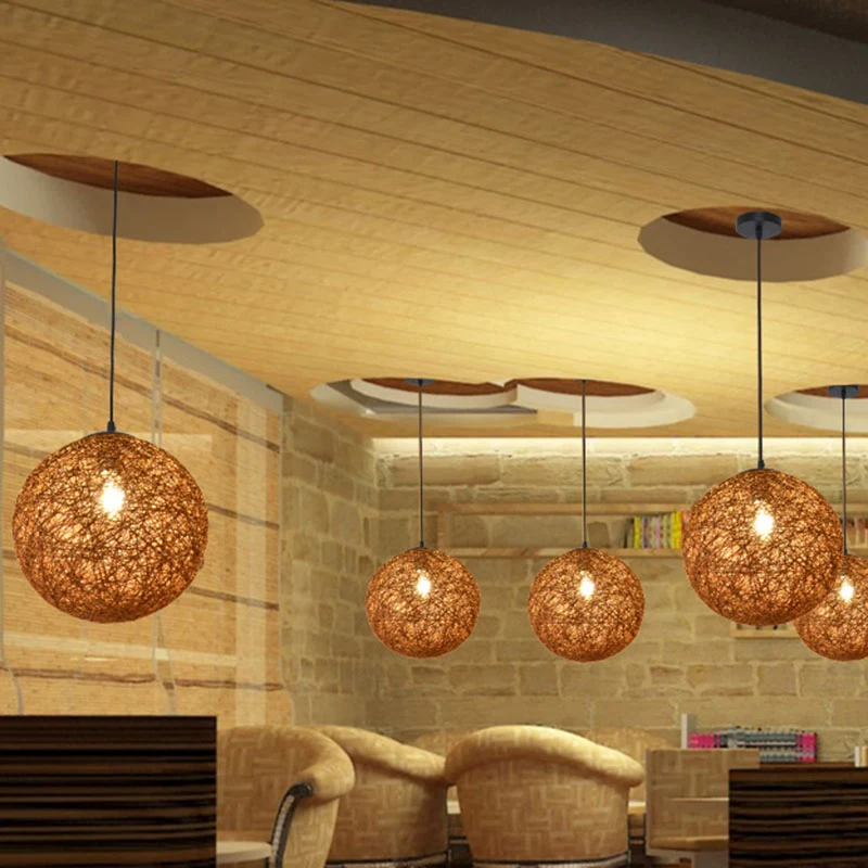 Handgeweven Globe Restaurant Hanglamp Rotan 1 Lamp Aziatische Stijl Hanglampenset met SOS-functie