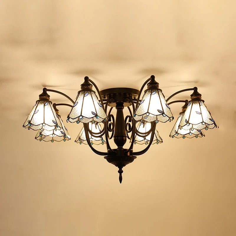 8 Heads Cone plafondgemonteerd helder Tiffany wit/blauw handgemaakt kunstglas semi-inbouw lichtarmatuur