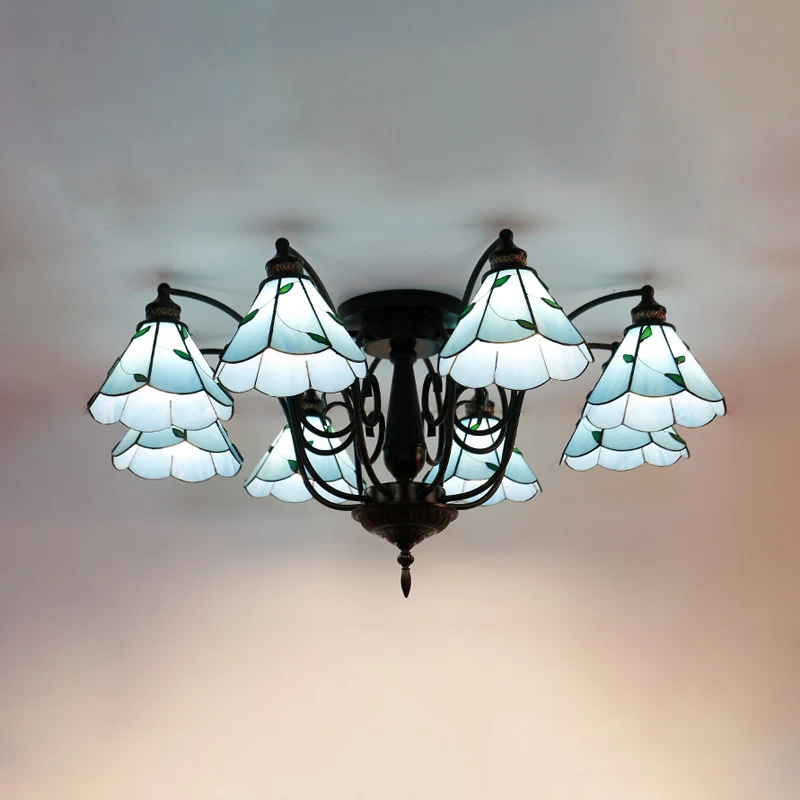 8 Heads Cone plafondgemonteerd helder Tiffany wit/blauw handgemaakt kunstglas semi-inbouw lichtarmatuur