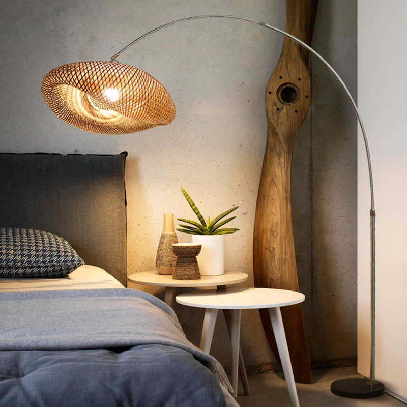Hengel staande lamp Chinese bamboe 1-lichts houten leeslamp met draaibare kap inclusief batterijen