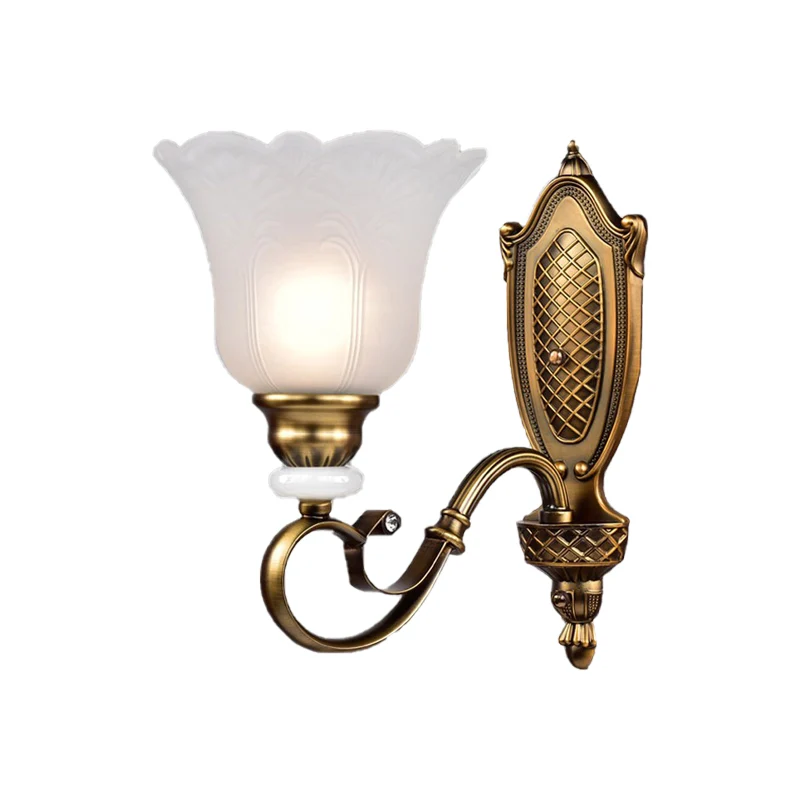 Klassiek bloemige schanslamp, 1/2-lichts wit glazen wandlamp met metalen gebogen arm brons met SOS-functie