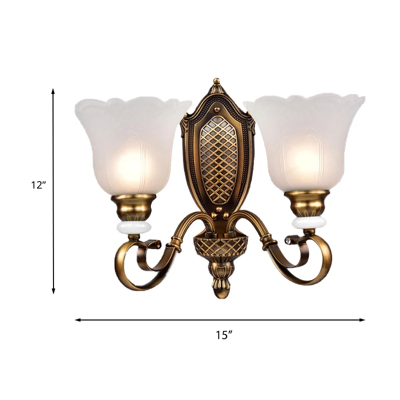 Klassiek bloemige schanslamp, 1/2-lichts wit glazen wandlamp met metalen gebogen arm brons met SOS-functie