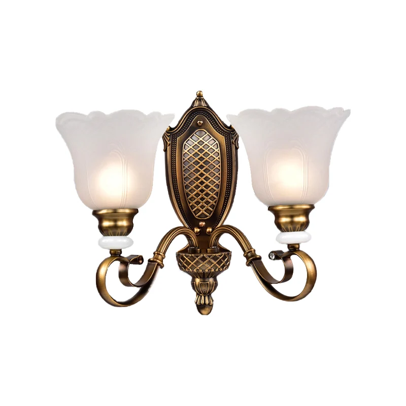 Klassiek bloemige schanslamp, 1/2-lichts wit glazen wandlamp met metalen gebogen arm brons met SOS-functie