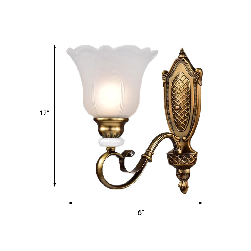 Klassiek bloemige schanslamp, 1/2-lichts wit glazen wandlamp met metalen gebogen arm brons met SOS-functie
