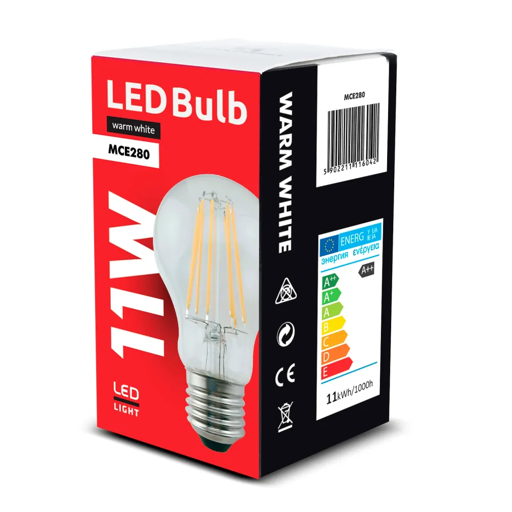 LED gloeilamp E27, 11W 230V Maclean Energy MCE280 WW warm wit 3000K 1500lm vintage edison decoratief A60 met SOS-functie