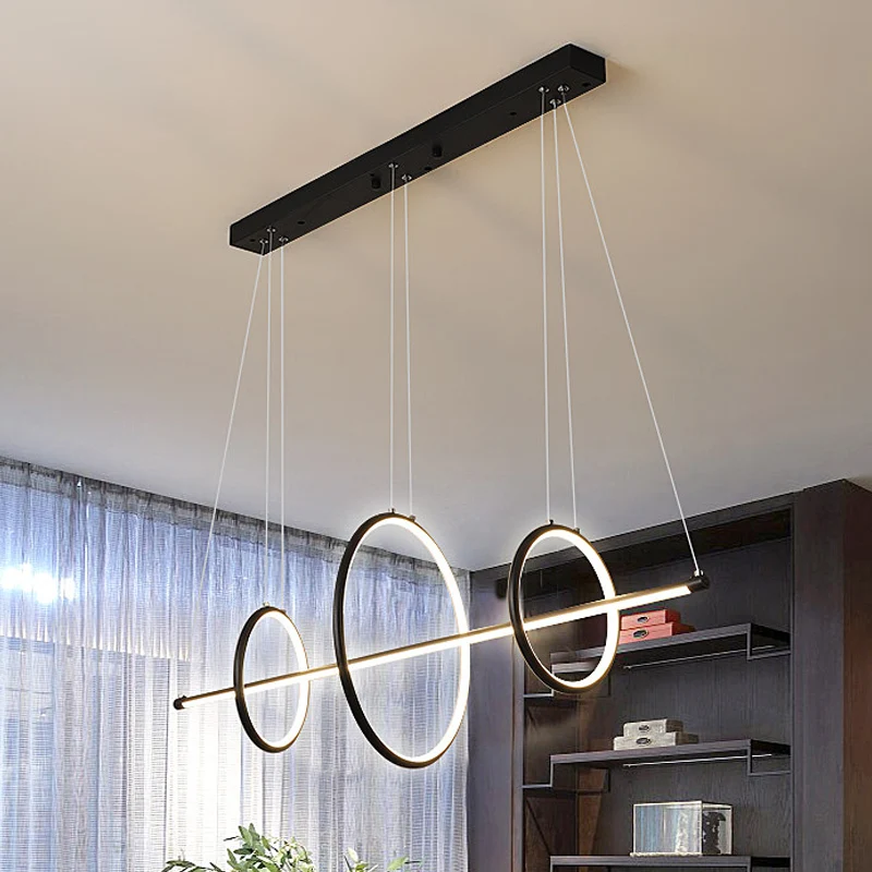 Oplaadbare LED Acryl lineaire hanglamp modernistisch zwart/goud LED eiland hanglamp met 3 ringen ontwerp