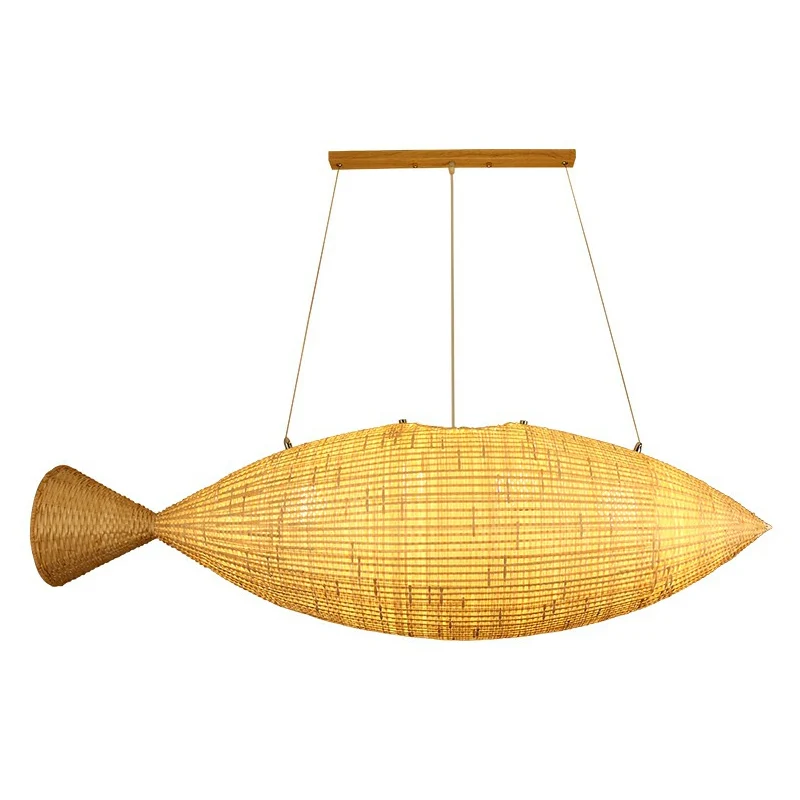 Oplaadbare LED Azië Visvormige hanglamp Bamboe Eetkamer Hanglamp natuurtint