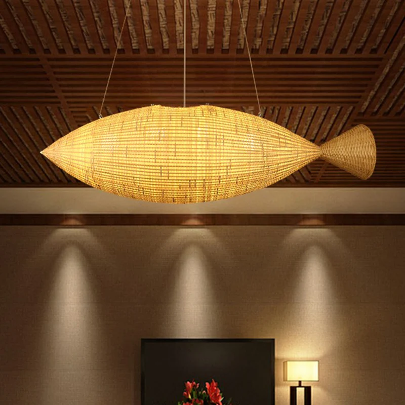 Oplaadbare LED Azië Visvormige hanglamp Bamboe Eetkamer Hanglamp natuurtint