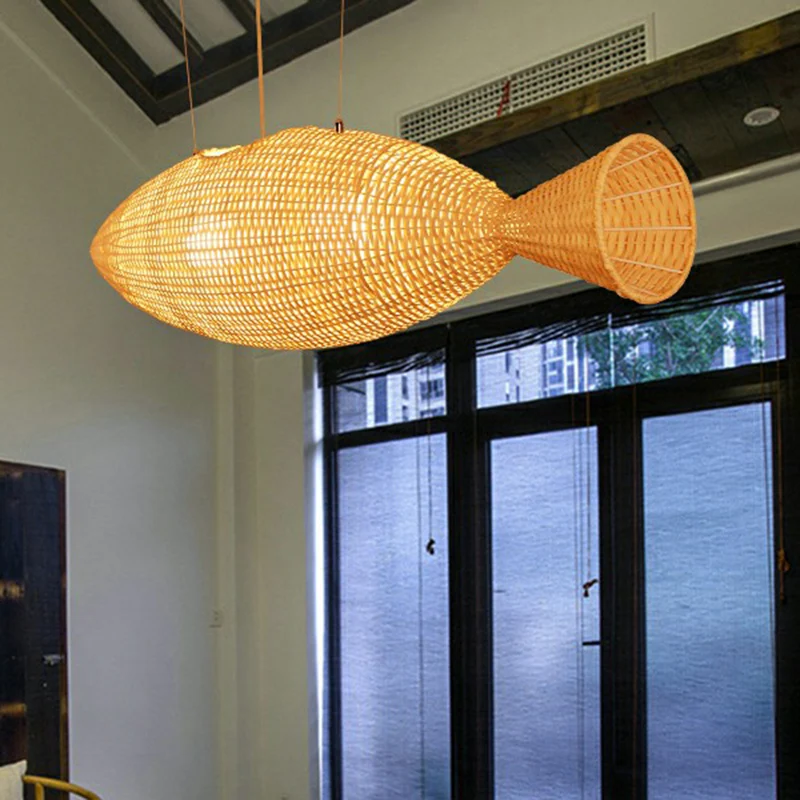 Oplaadbare LED Azië Visvormige hanglamp Bamboe Eetkamer Hanglamp natuurtint