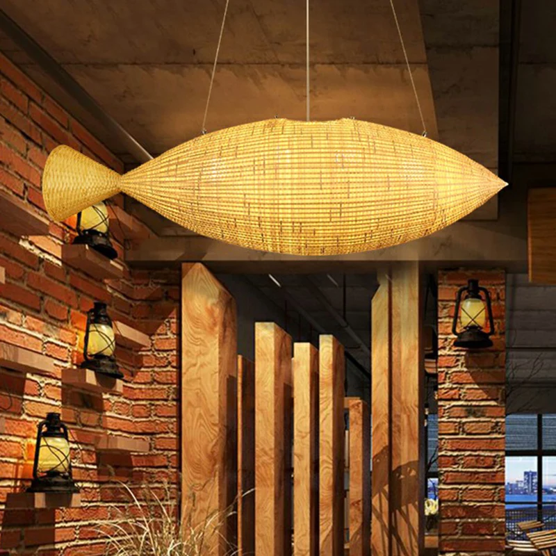 Oplaadbare LED Azië Visvormige hanglamp Bamboe Eetkamer Hanglamp natuurtint
