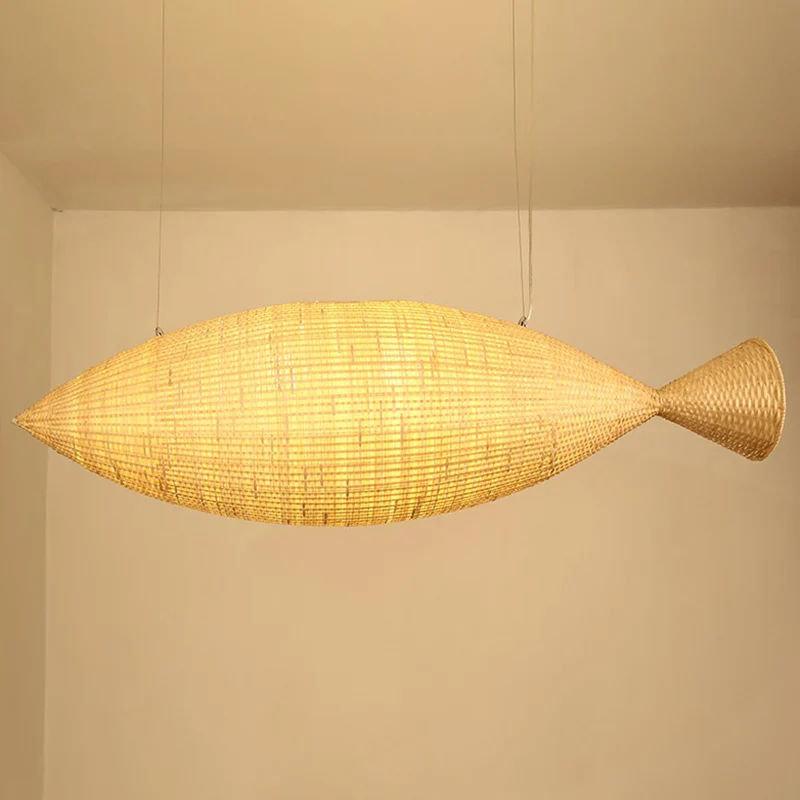 Oplaadbare LED Azië Visvormige hanglamp Bamboe Eetkamer Hanglamp natuurtint