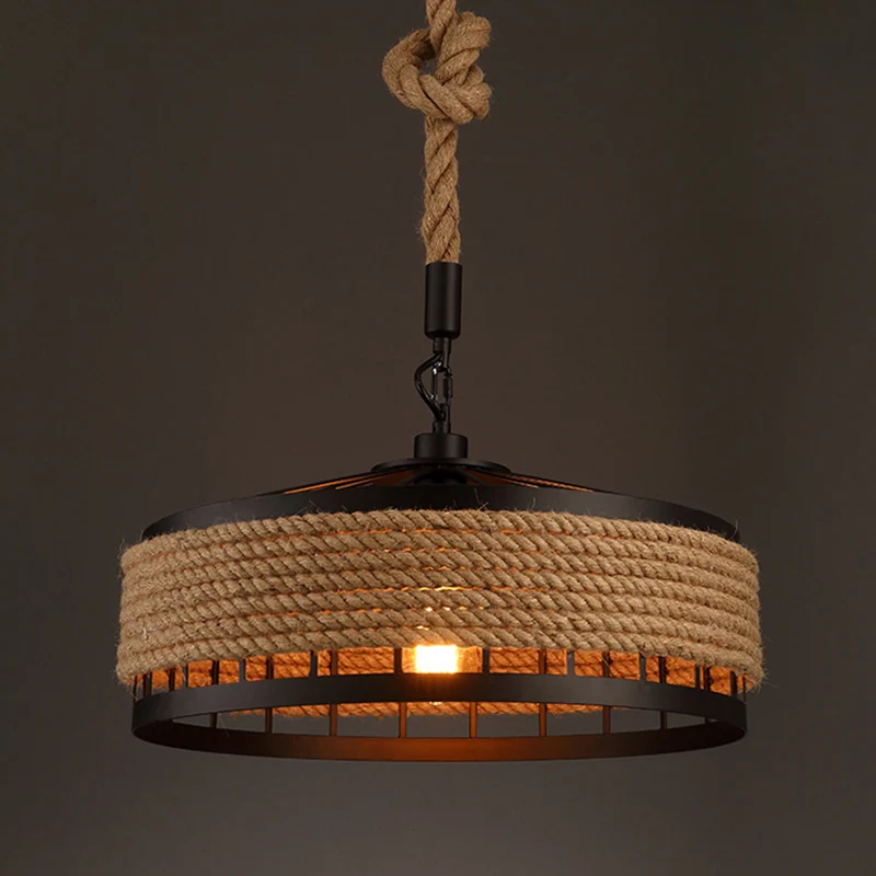 Oplaadbare LED Handgedraaide ronde hanglamp van touw, rustiek restaurant met 1 lamp zwartbruin