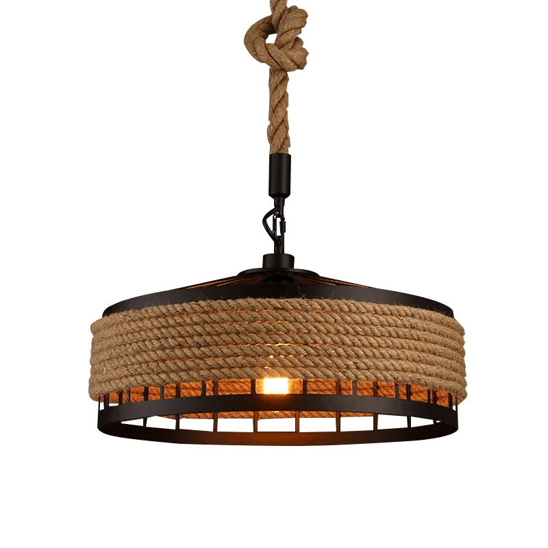 Oplaadbare LED Handgedraaide ronde hanglamp van touw, rustiek restaurant met 1 lamp zwartbruin