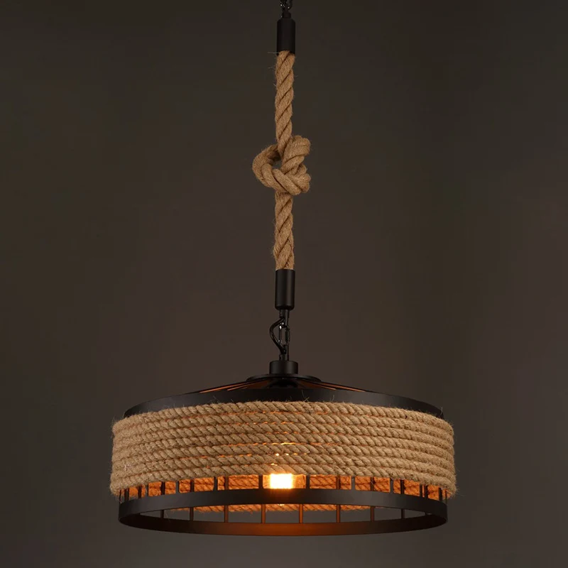 Oplaadbare LED Handgedraaide ronde hanglamp van touw, rustiek restaurant met 1 lamp zwartbruin