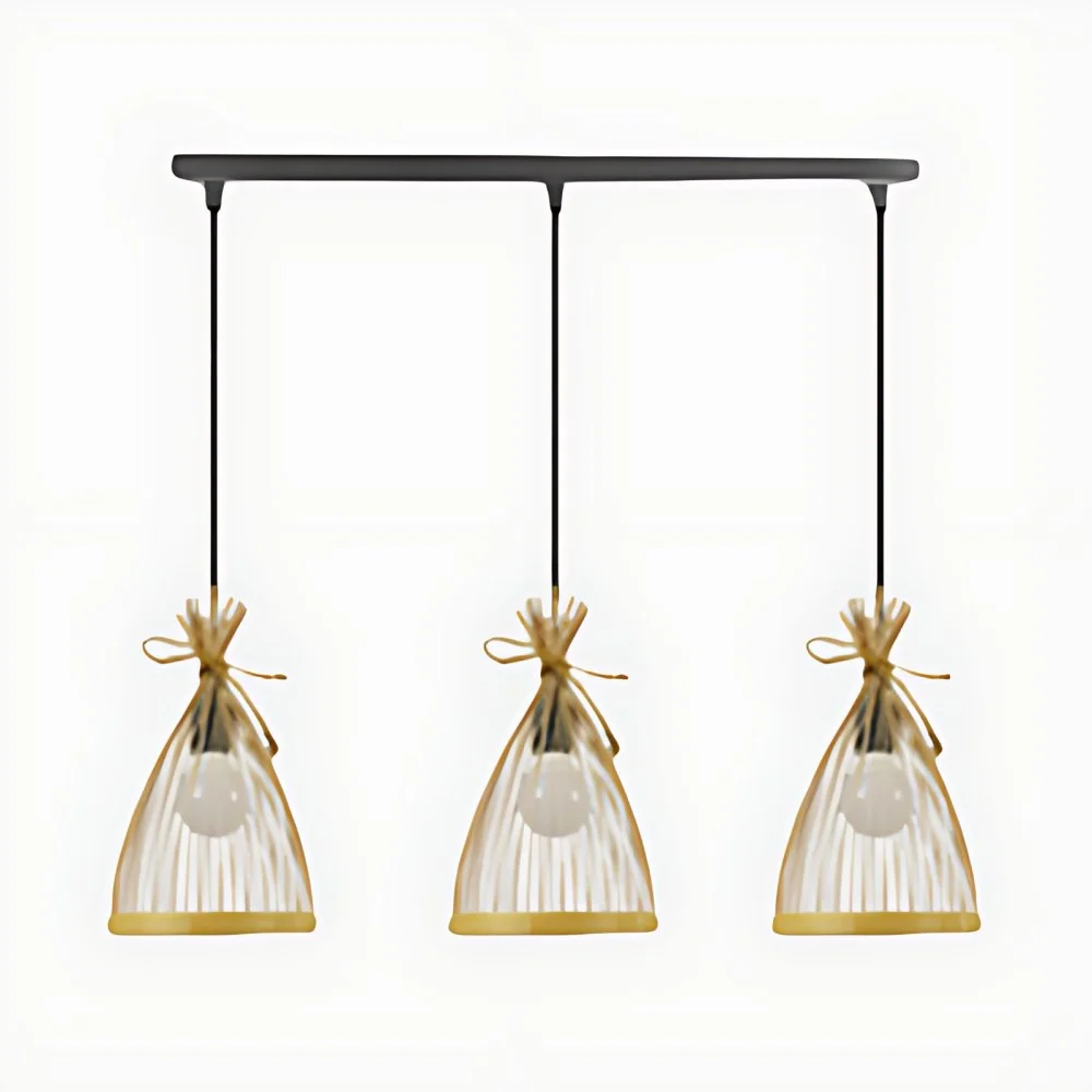 Oplaadbare LED Zwart/Beige conische kap hanglamp Aziatische stijlvolle 3-lichts bamboe hanglamp met ronde/lineaire luifel
