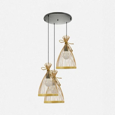 Oplaadbare LED Zwart/Beige conische kap hanglamp Aziatische stijlvolle 3-lichts bamboe hanglamp met ronde/lineaire luifel
