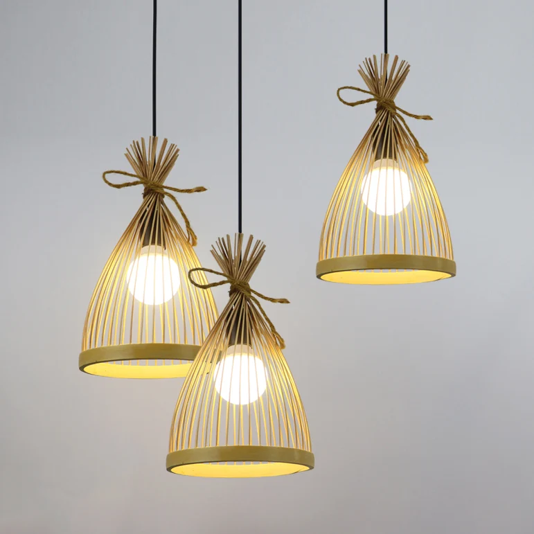 Oplaadbare LED Zwart/Beige conische kap hanglamp Aziatische stijlvolle 3-lichts bamboe hanglamp met ronde/lineaire luifel