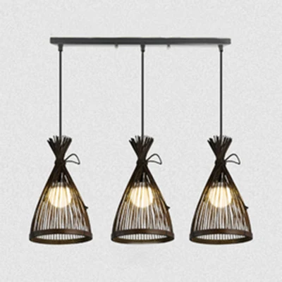 Oplaadbare LED Zwart/Beige conische kap hanglamp Aziatische stijlvolle 3-lichts bamboe hanglamp met ronde/lineaire luifel