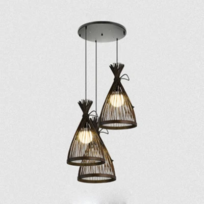 Oplaadbare LED Zwart/Beige conische kap hanglamp Aziatische stijlvolle 3-lichts bamboe hanglamp met ronde/lineaire luifel