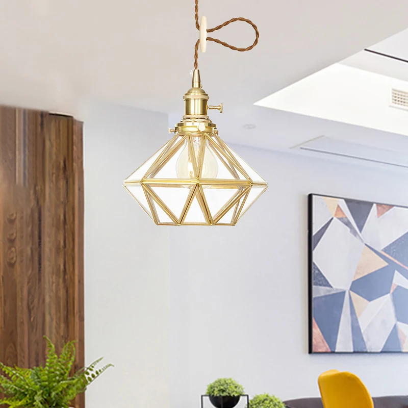 Professionele Waterdichte Diamanten hangende plafondlamp postmodern helder/matglas 1-lichts messing hanglamp met verstelba...