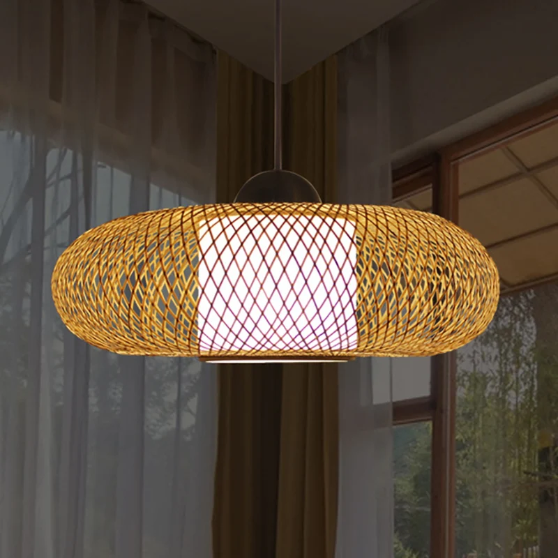 Professionele Waterdichte Zwart/houten kruisgeweven hangende hanglamp met trommelkap Eigentijdse bamboe hanglamp met 1 kop