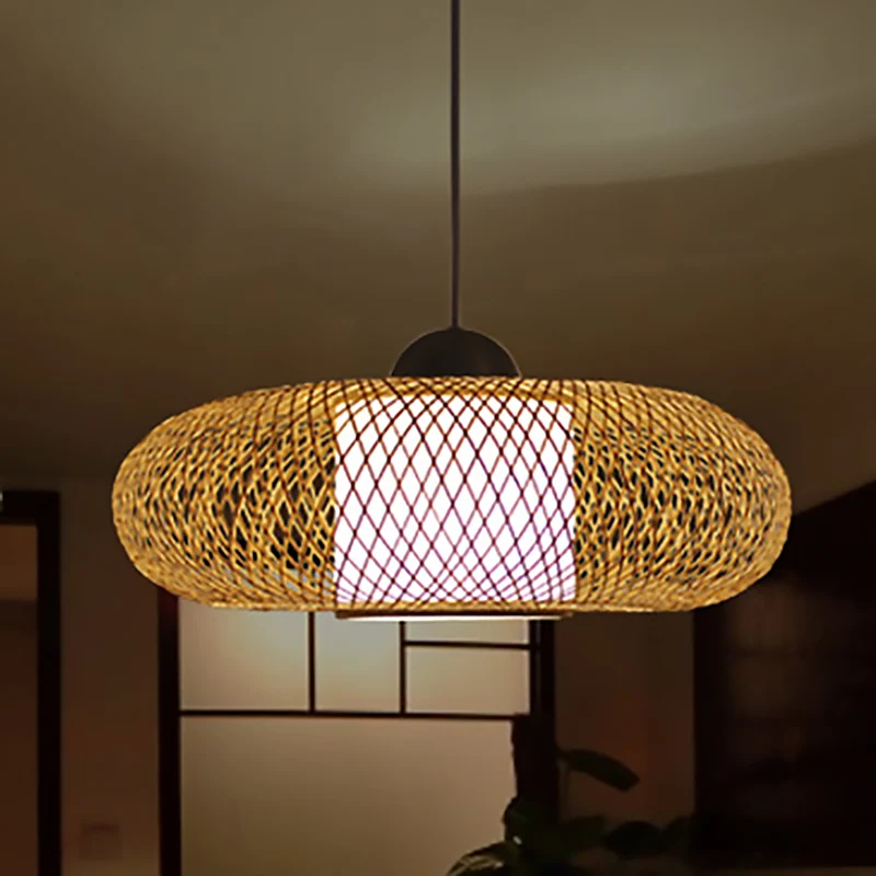Professionele Waterdichte Zwart/houten kruisgeweven hangende hanglamp met trommelkap Eigentijdse bamboe hanglamp met 1 kop