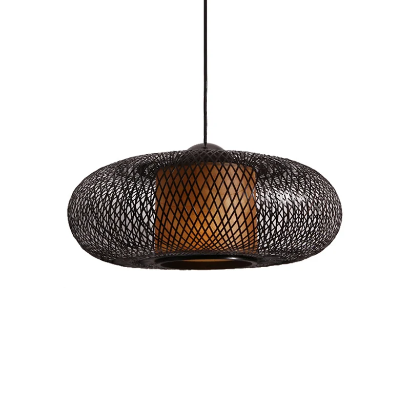 Professionele Waterdichte Zwart/houten kruisgeweven hangende hanglamp met trommelkap Eigentijdse bamboe hanglamp met 1 kop