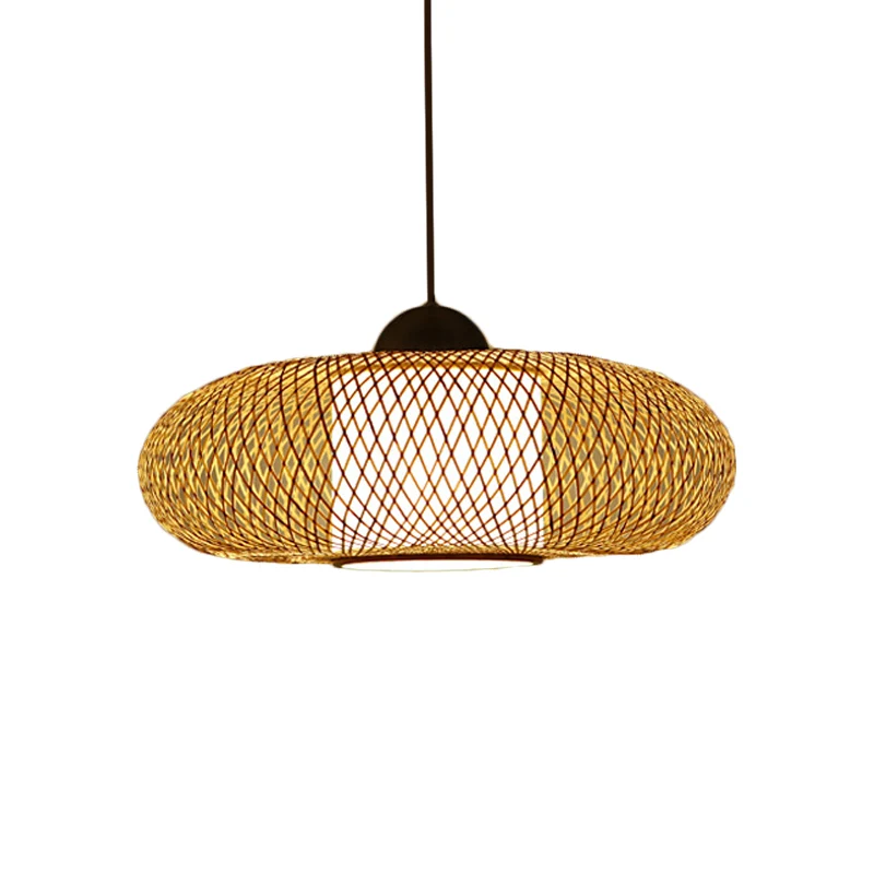 Professionele Waterdichte Zwart/houten kruisgeweven hangende hanglamp met trommelkap Eigentijdse bamboe hanglamp met 1 kop
