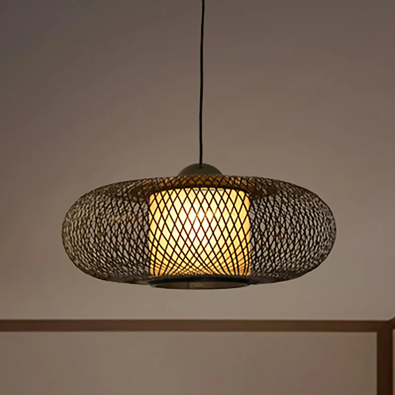 Professionele Waterdichte Zwart/houten kruisgeweven hangende hanglamp met trommelkap Eigentijdse bamboe hanglamp met 1 kop