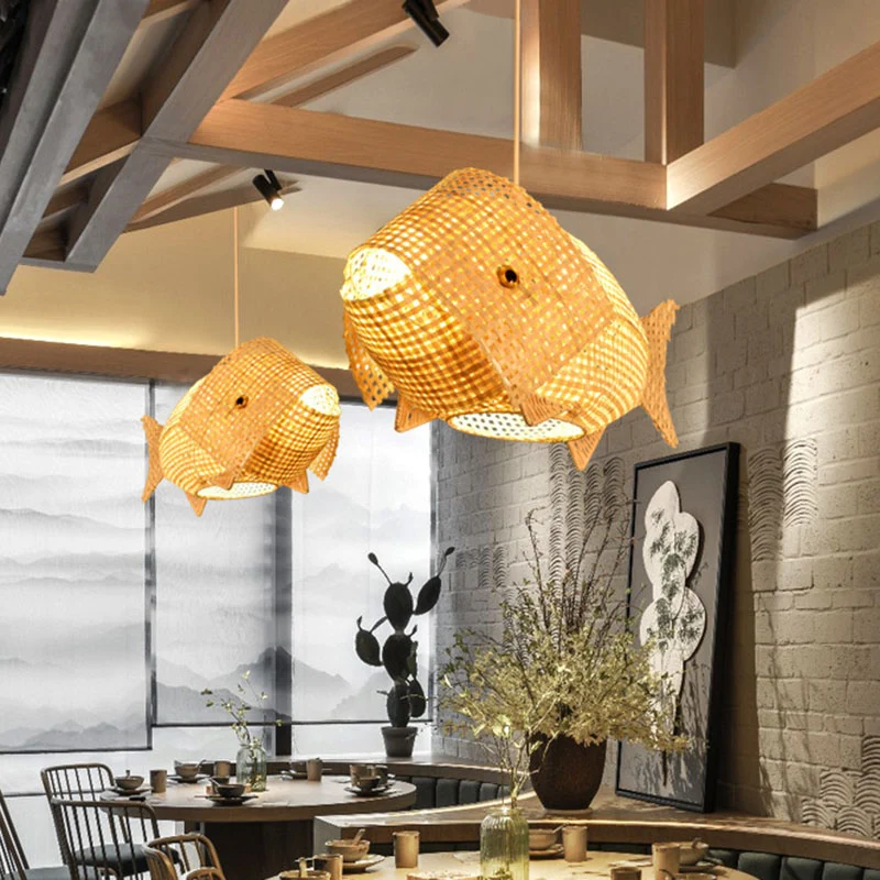 Visvormige restauranthanglamp Bamboe 1 kop Aziatische plafondhanger hout met SOS-functie