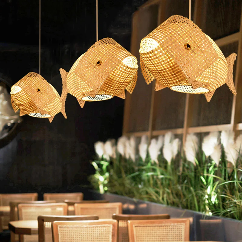 Visvormige restauranthanglamp Bamboe 1 kop Aziatische plafondhanger hout met SOS-functie