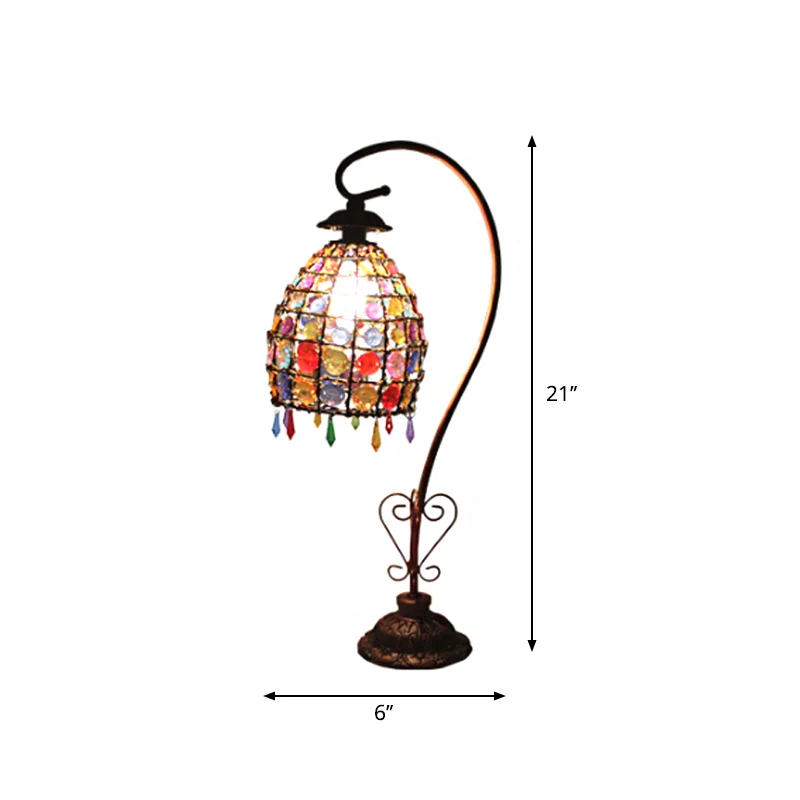 Zwanenhals slaapkamertafellamp Boheems acryl 1-lamps koperen nachtkastjelamp met kralenklokkap met SOS-functie