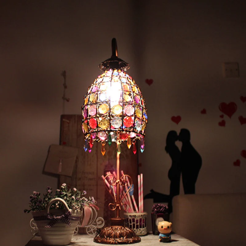Zwanenhals slaapkamertafellamp Boheems acryl 1-lamps koperen nachtkastjelamp met kralenklokkap met SOS-functie