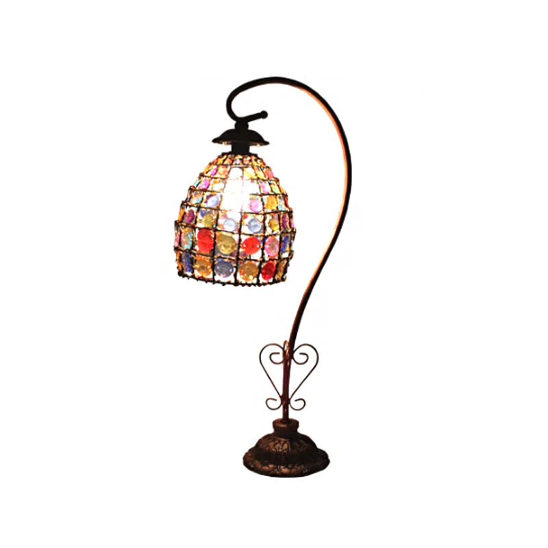 Zwanenhals slaapkamertafellamp Boheems acryl 1-lamps koperen nachtkastjelamp met kralenklokkap met SOS-functie