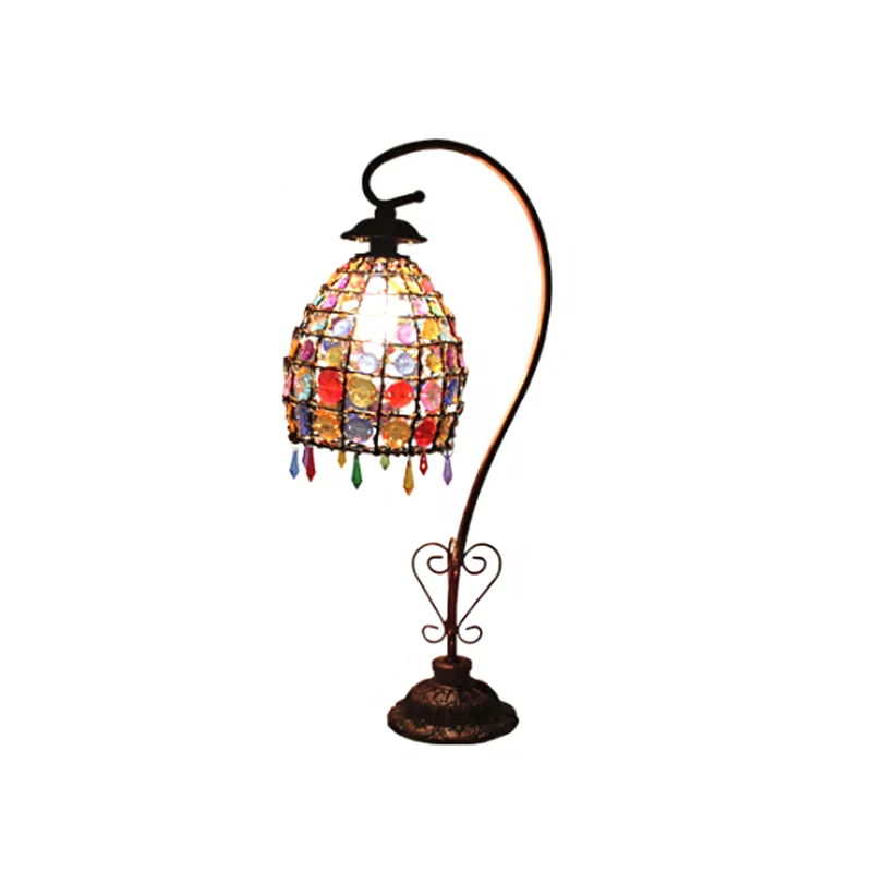 Zwanenhals slaapkamertafellamp Boheems acryl 1-lamps koperen nachtkastjelamp met kralenklokkap met SOS-functie