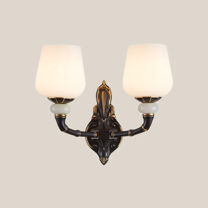 Zwart en goud bekervormige wandverlichting Traditionele opaalglazen 1/2-kops binnenwandlamp met SOS-functie