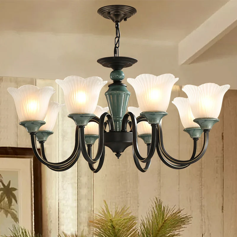 Zwartachtig groene bloemen hanglamp Rustiek matglas woonkamer kroonluchterlamp met gebogen arm met SOS-functie