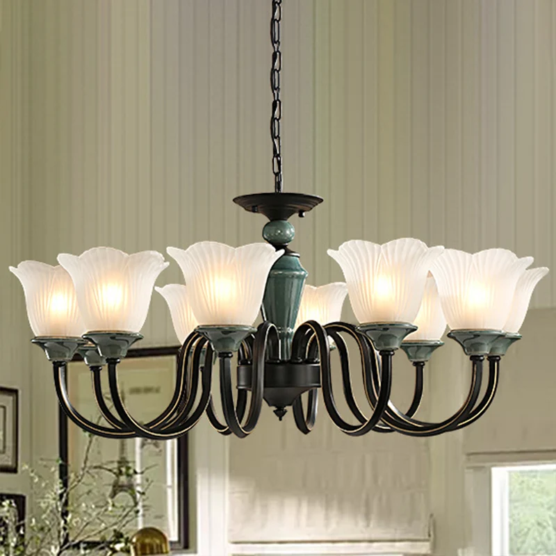 Zwartachtig groene bloemen hanglamp Rustiek matglas woonkamer kroonluchterlamp met gebogen arm met SOS-functie