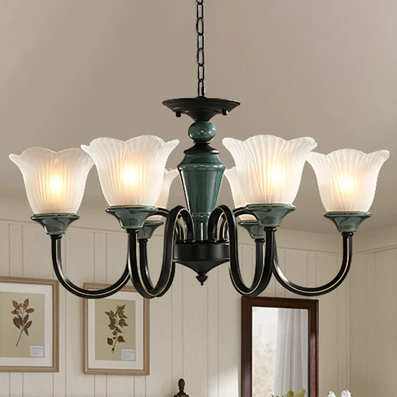 Zwartachtig groene bloemen hanglamp Rustiek matglas woonkamer kroonluchterlamp met gebogen arm met SOS-functie