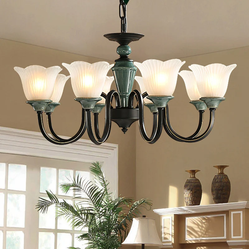 Zwartachtig groene bloemen hanglamp Rustiek matglas woonkamer kroonluchterlamp met gebogen arm met SOS-functie