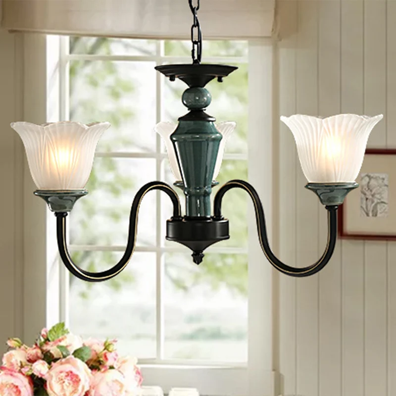Zwartachtig groene bloemen hanglamp Rustiek matglas woonkamer kroonluchterlamp met gebogen arm met SOS-functie