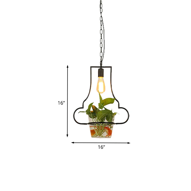 Zwarte 1-Head Down Lighting Ouderwets ijzeren vierkante/ronde/kalebas plafondhanglamp met potplant voor restaurant