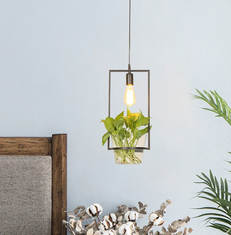 Zwarte 1-Head Down Lighting Ouderwets ijzeren vierkante/ronde/kalebas plafondhanglamp met potplant voor restaurant