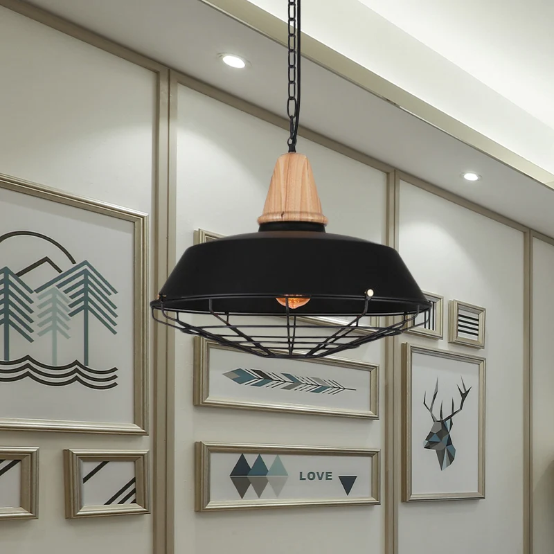 10"/14"/18" W 1 kop plafond hanglamp met schuur en draadbeschermer metalen klassiek stijl restaurant hanglamp zwart met La...