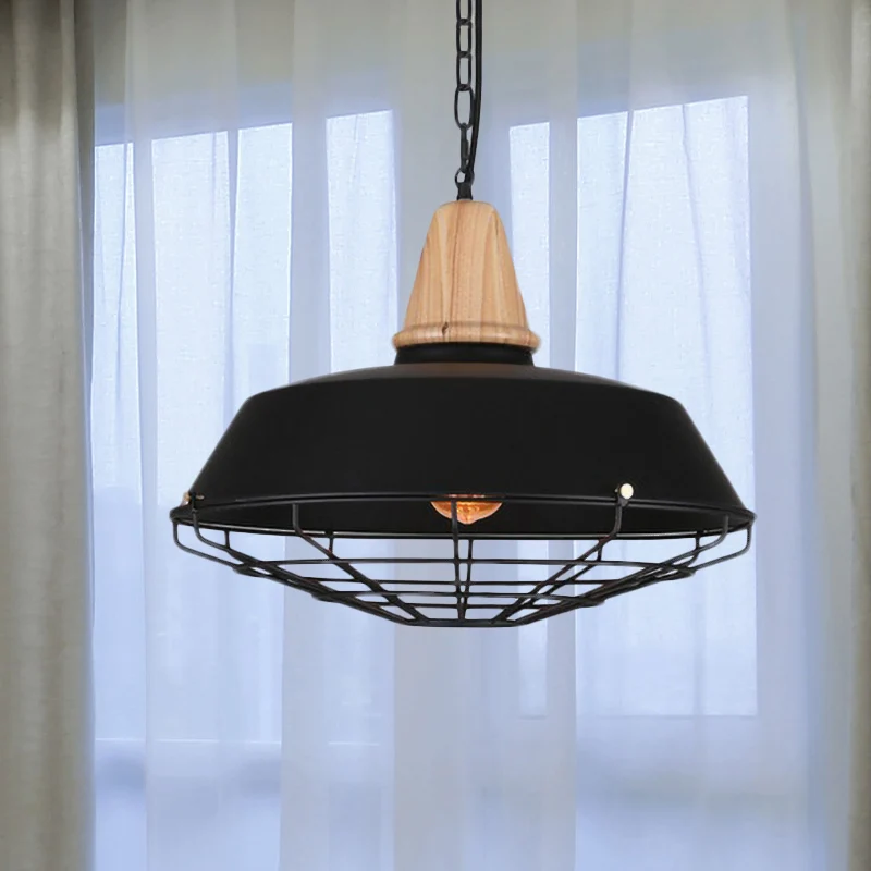 10"/14"/18" W 1 kop plafond hanglamp met schuur en draadbeschermer metalen klassiek stijl restaurant hanglamp zwart met La...