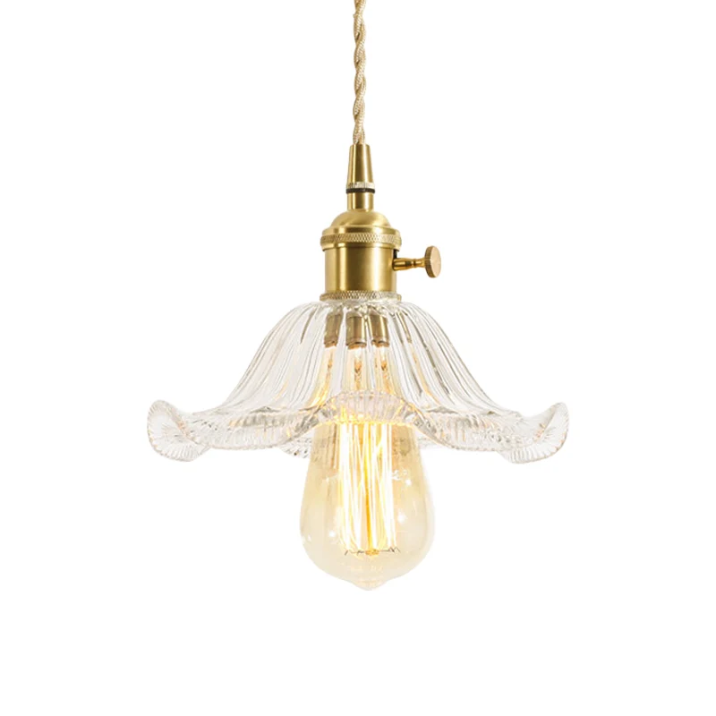 1-lichts bloemen/uitlopende/kegel hanglamp rustiek messing stralend geribbeld/gerasterd glazen plafond hanglamp boven tafel